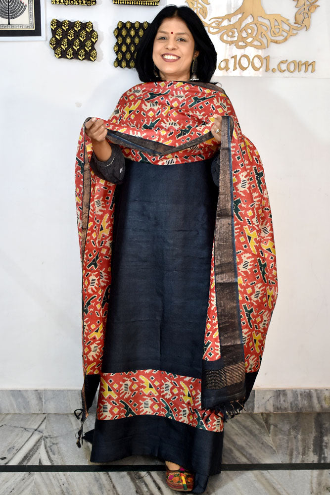 Beautiful Hand Block printed Tussar Silk Kurta Dupatta Set