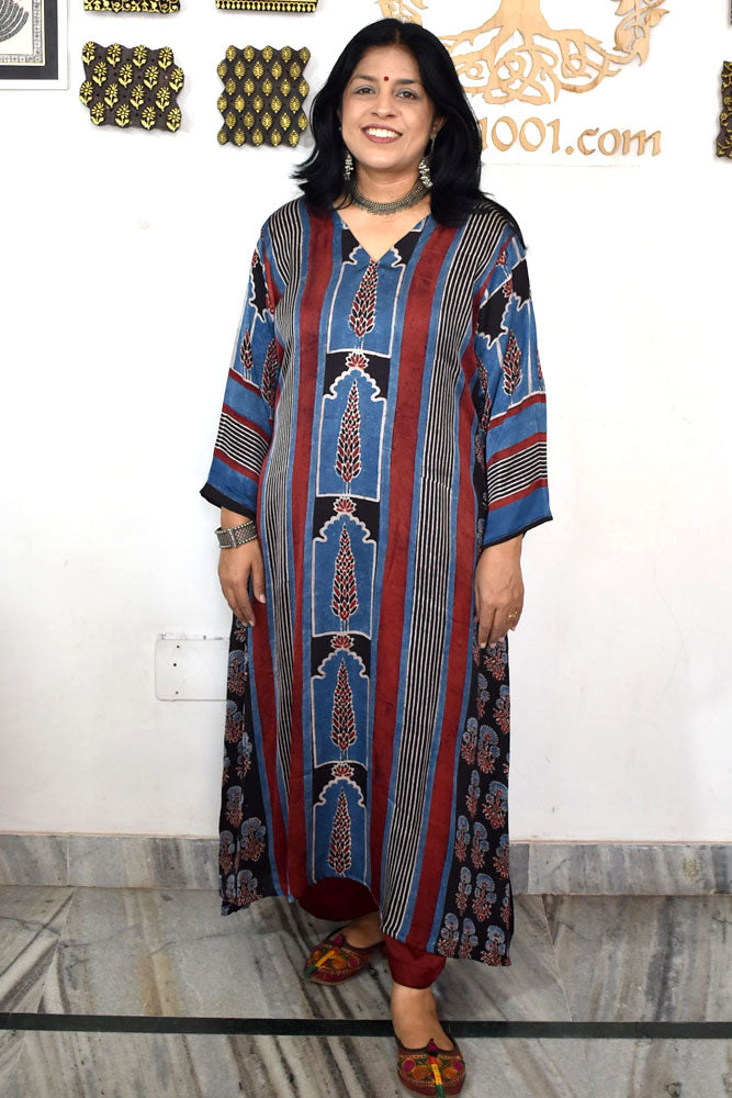 Beautiful Hand Block Printed Ajrakh Modal Silk Kurta, Size 40 to 46