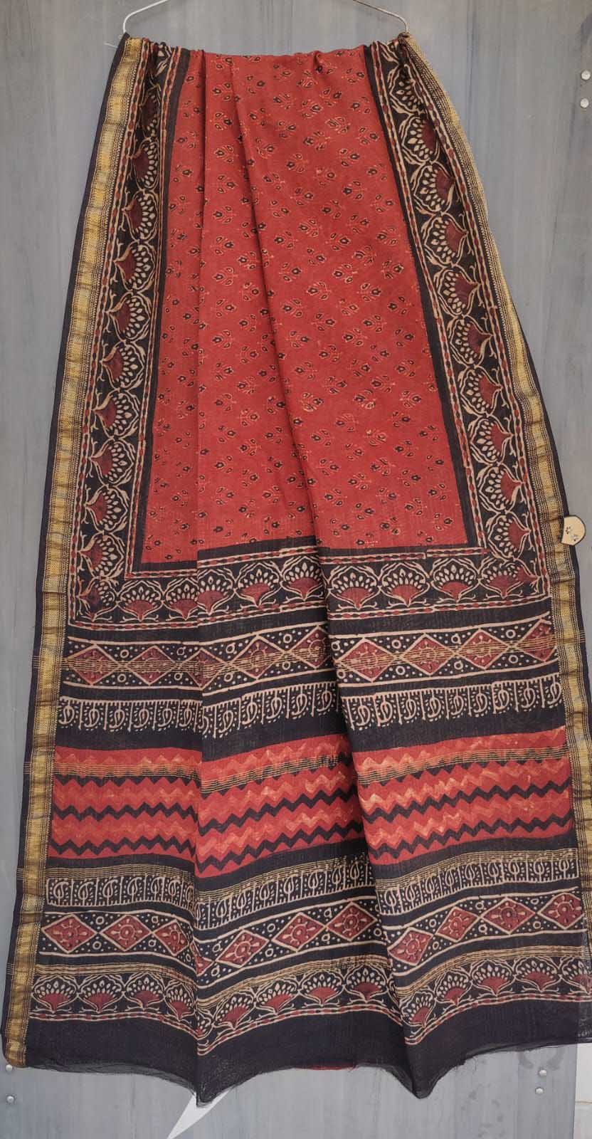 Elegant & Earthy Hand Block Printed Dabu Ajrakh Maheshwari Saree