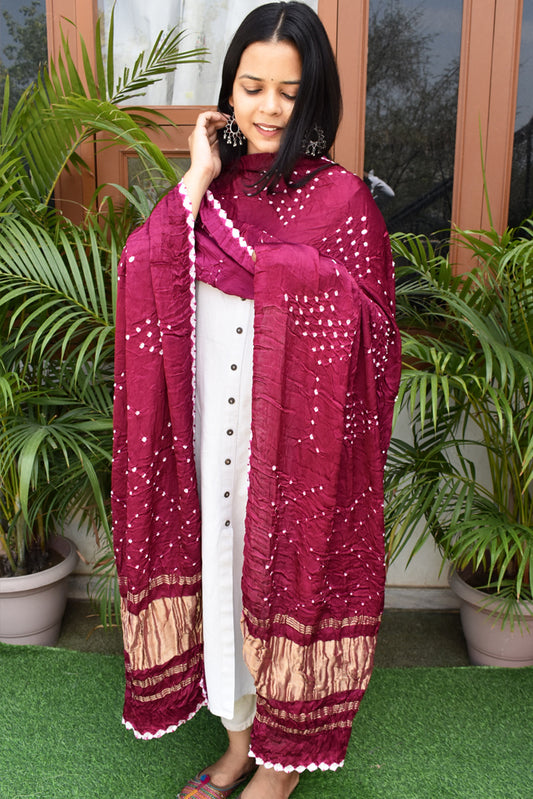 Beautiful Hand Crafted Bandhani Modal Silk Dupatta with Tissue Lagdi patta palla