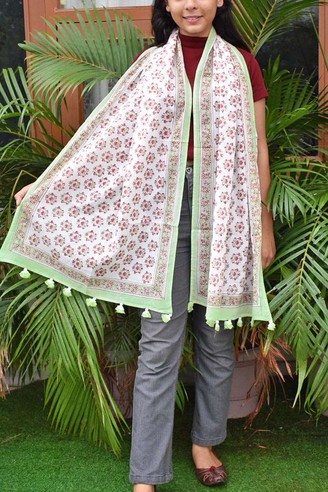 Elegant Hand block printed Cotton stole with cloth tassels