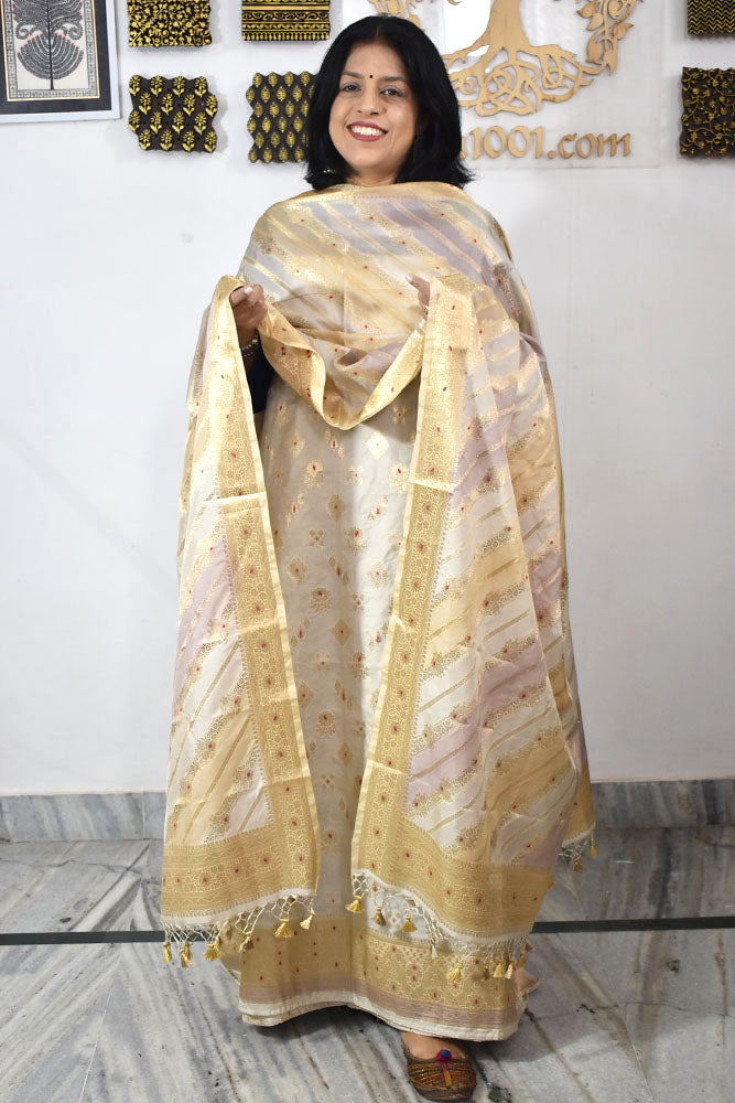 Beautiful Banarasi Katan silk unstitched suit fabric with Woven Booties