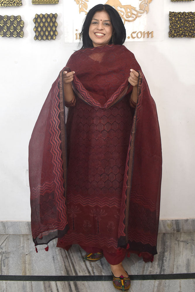 Designer Ajrakh Kota Silk Unstitched suit with Kota Silk Dupatta - 2 piece set