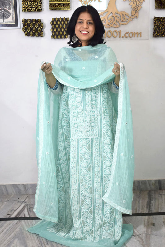 Gorgeous Mul Chanderi Kurta fabric & Dupatta set with embroidery