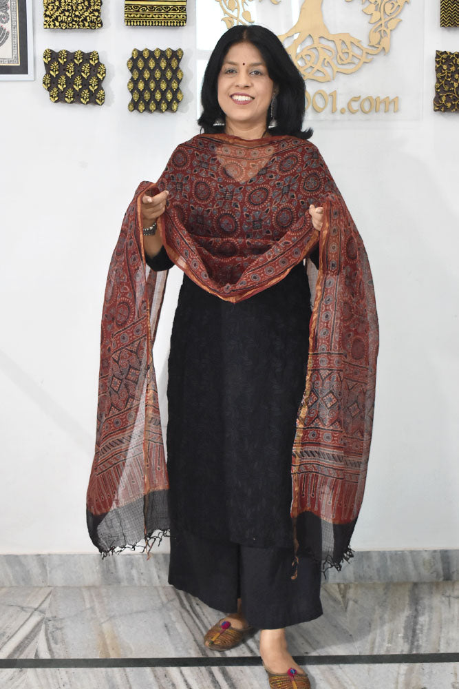 Beautiful Ajrakh Hand Block Printed Kota Dupatta