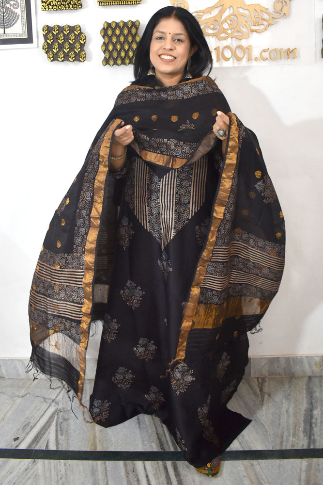 Beautiful Hand Block printed Ajrakh Chanderi Kurta and Chanderi Dupatta with Hand woven Booties