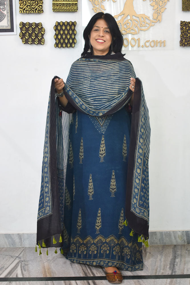 Ajrakh Hand Block Print Georgette Dupatta & Georgette Kurta Fabric