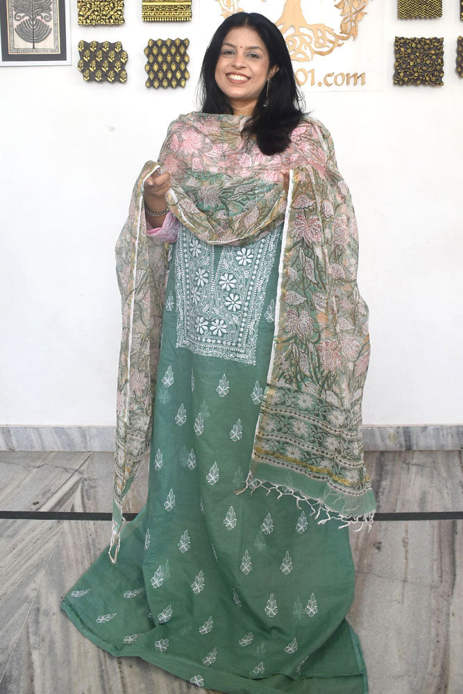 Elegant Lucknowi Chikankari Hand Embroidery work & Block print Dupatta - 2 pc set