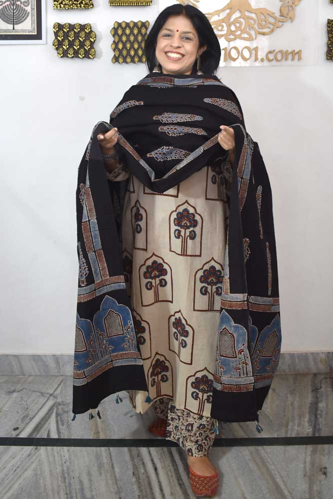 Ajrakh Hand Block Printed Cotton Dupatta with Tassels & natural dyes