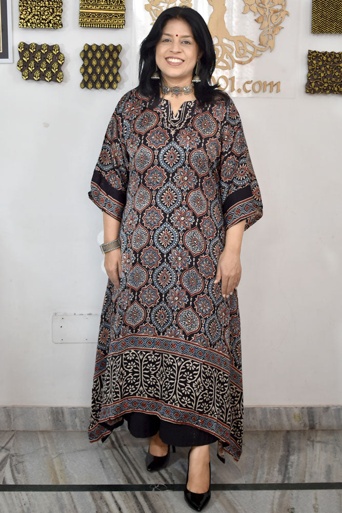 Beautiful Hand Block Printed Ajrakh Modal Silk Kurta, Size 40 to 46