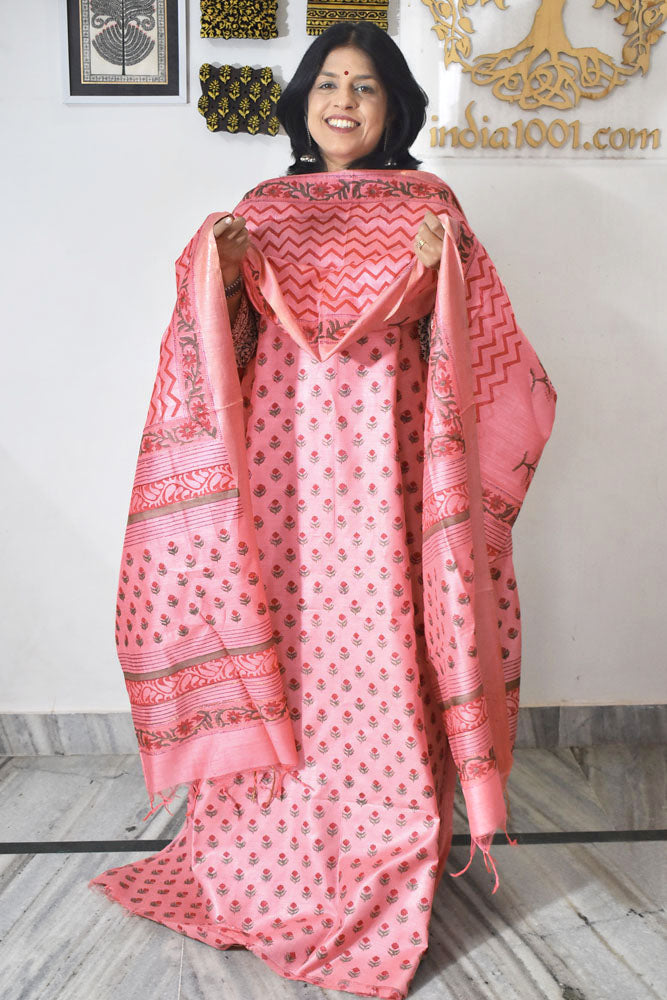 Elegant Hand Block printed Moonga Tussar Silk Kurta Dupatta Set