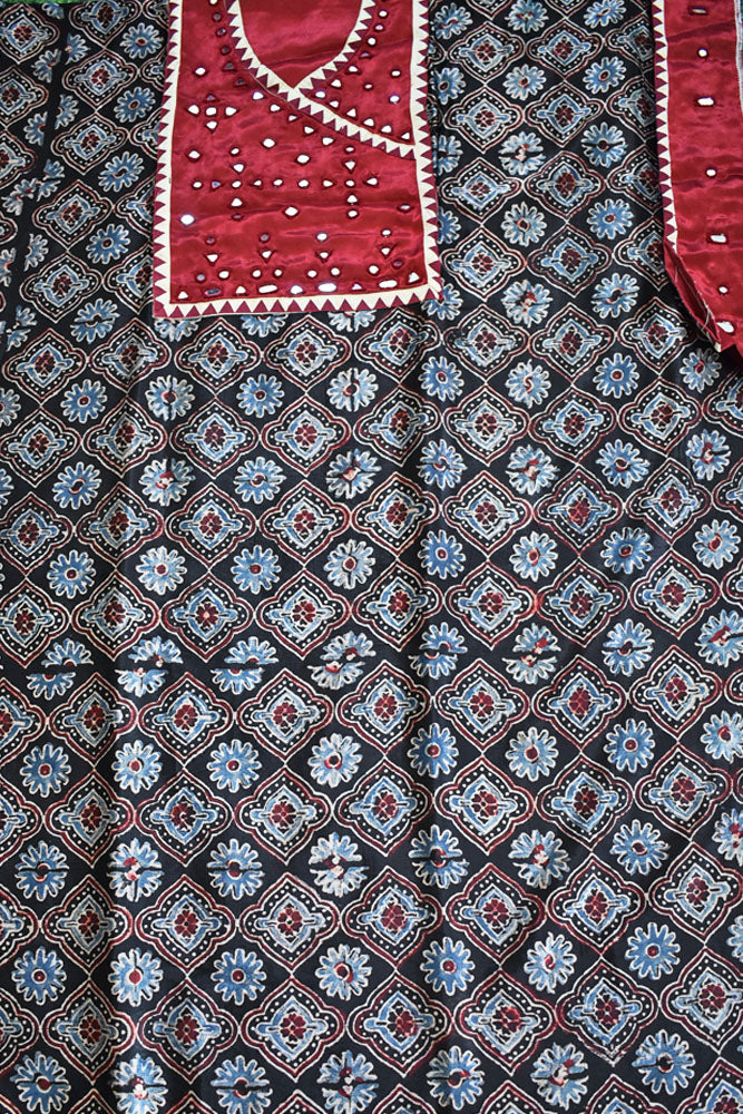 Designer Ajrakh Mashru Kurta Fabric with Kutch Mirror Work patch