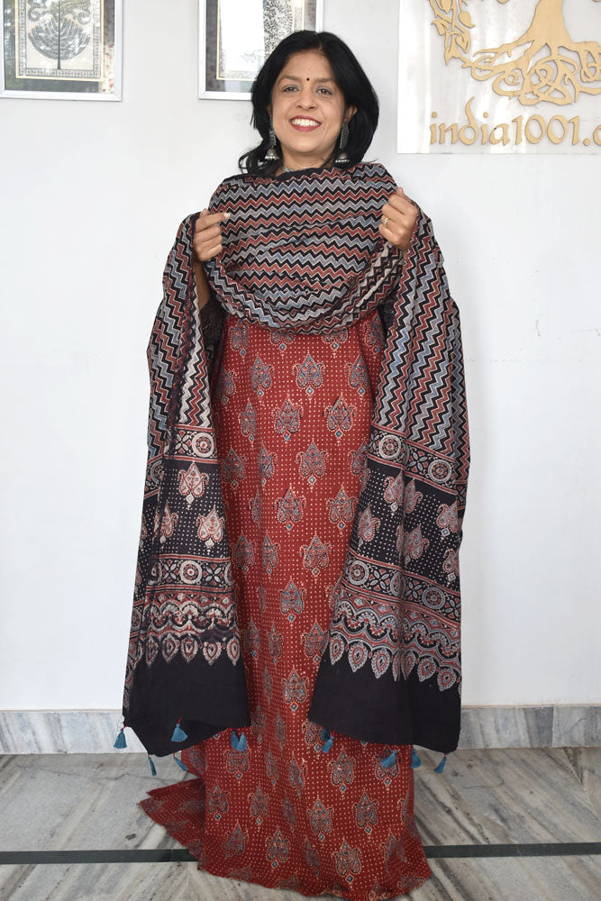 Elegant Hand Block Printed Ajrakh Cotton Unstitched suit fabric