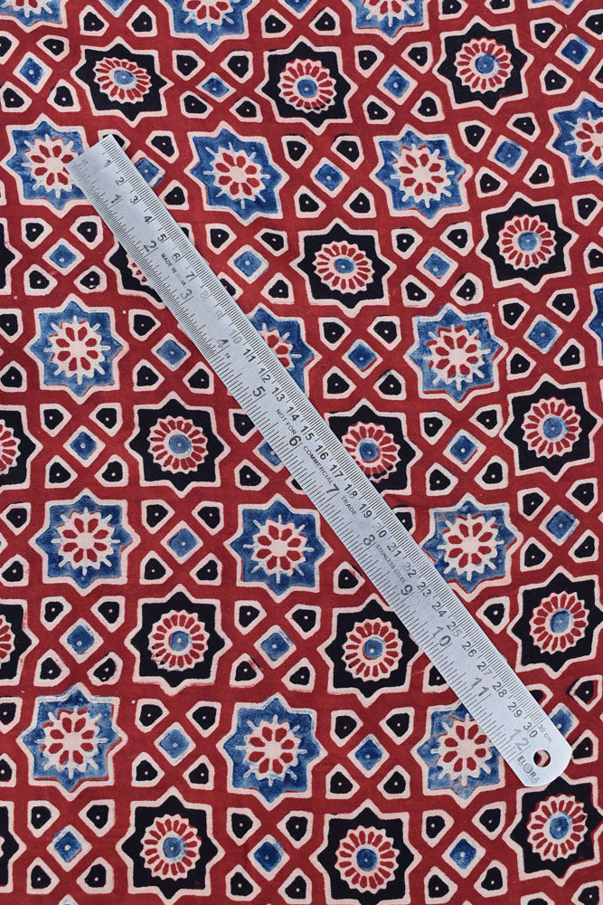 Beautiful Modal Silk Ajrakh Hand Block Print Fabric - 2.5 mtrs cut