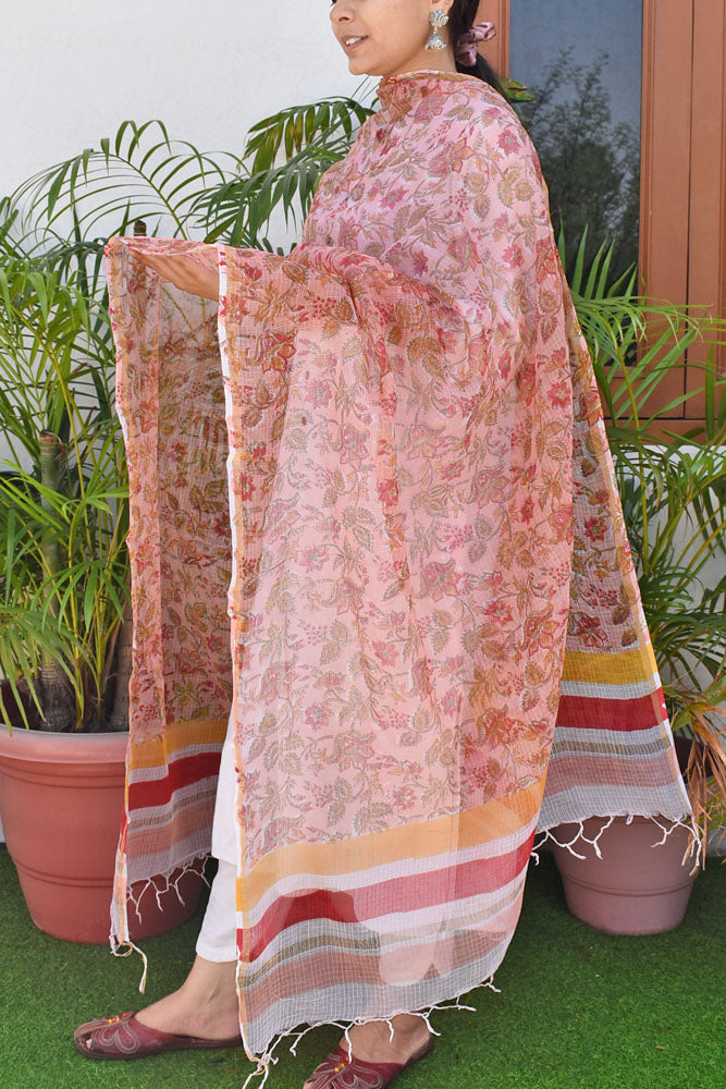Hand Block Printed Kota Cotton Dupatta with zari border