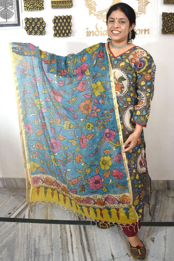 Beautiful Kota Cotton Hand Painted Kalamkari Dupatta