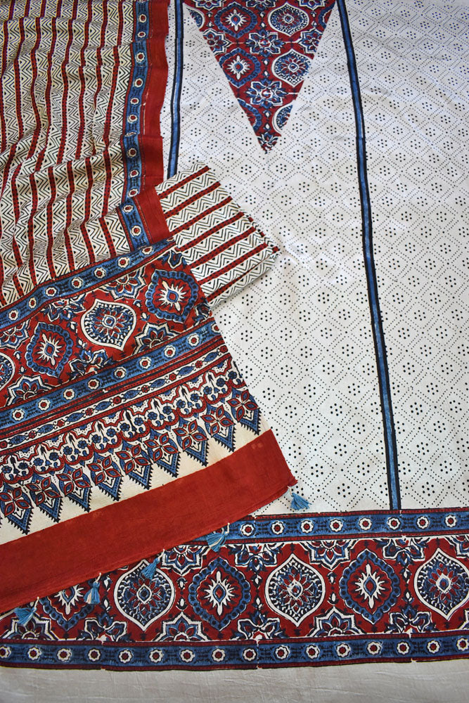 Designer Ajrakh Mashru Silk Unstitched suit with panel / yoke design- 3 piece set