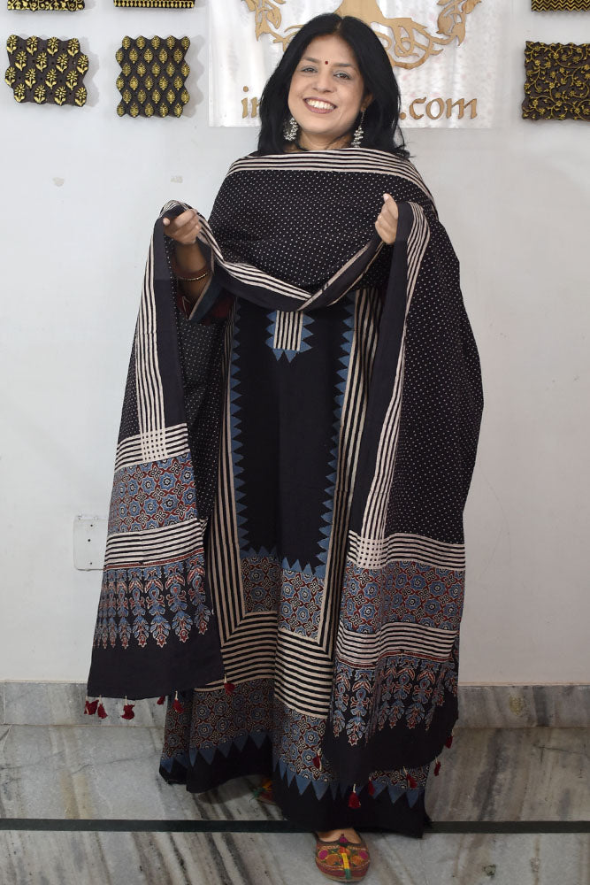 Designer Ajrakh Cotton Unstitched suit with panel design, Ajrakh Dupatta - 2 piece set