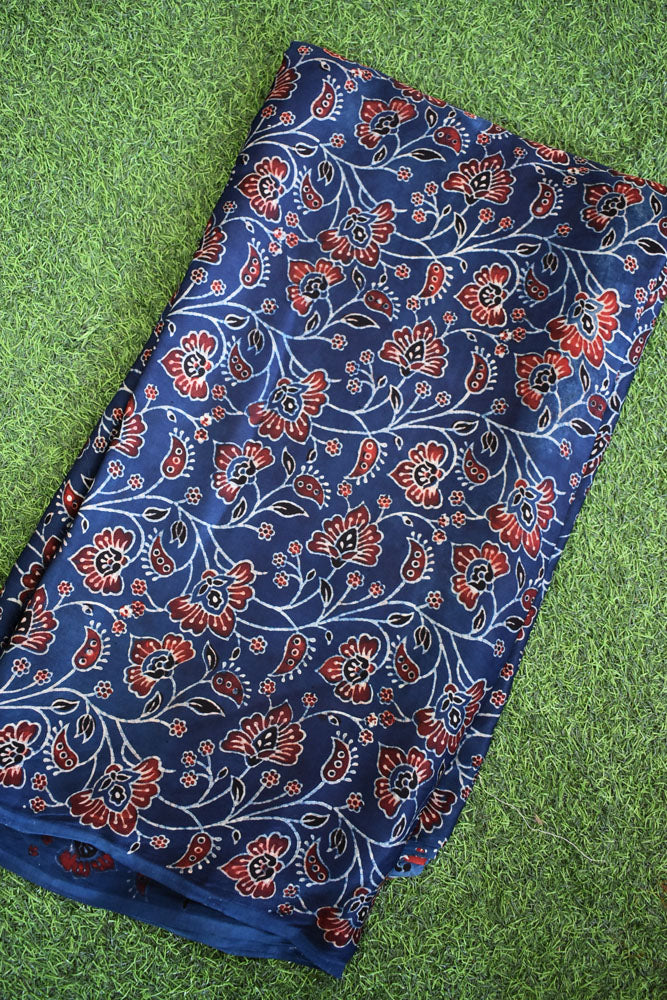 Beautiful Modal Silk Ajrakh Hand Block Print Fabric - 2.5 mtrs cut