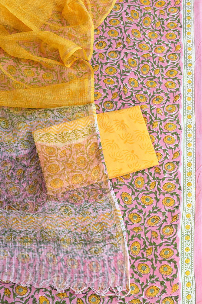 Beautiful Hand Block Printed Cotton unstitched suit fabric with Kota Doria Dupatta