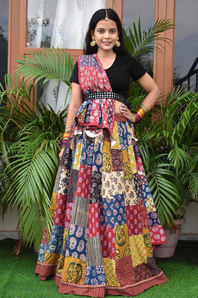 Beautiful Ajrakh Hand Block Printed Patch Work Cotton Long Skirt with Stitched borders