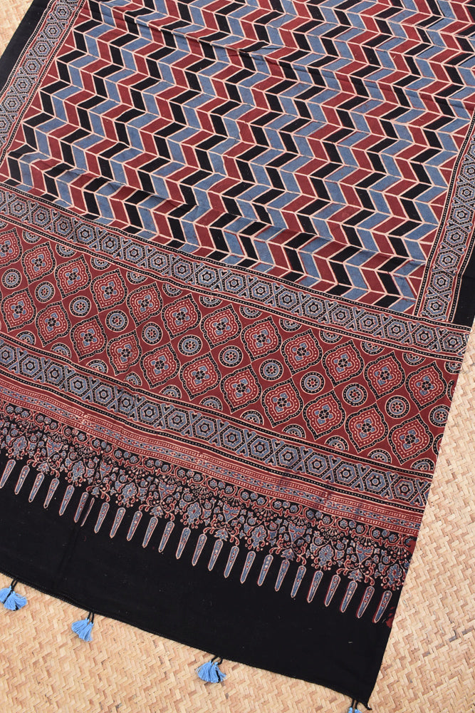 Ajrakh Hand Block Printed Cotton Dupatta with Tassels with natural dyes