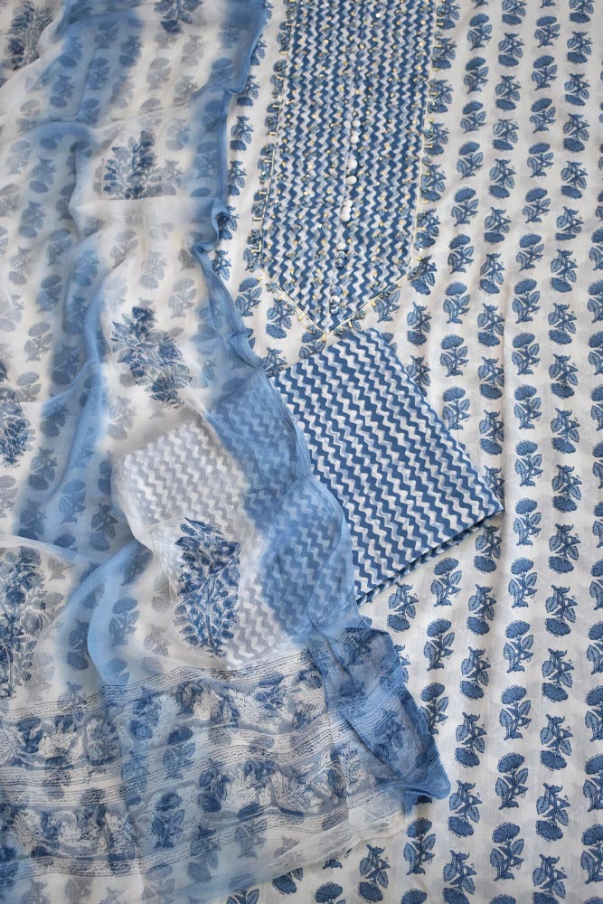 Beautiful Cotton Unstitched Suit with Neck patch, Intricate Hand Embroidery & Block print chiffon dupatta