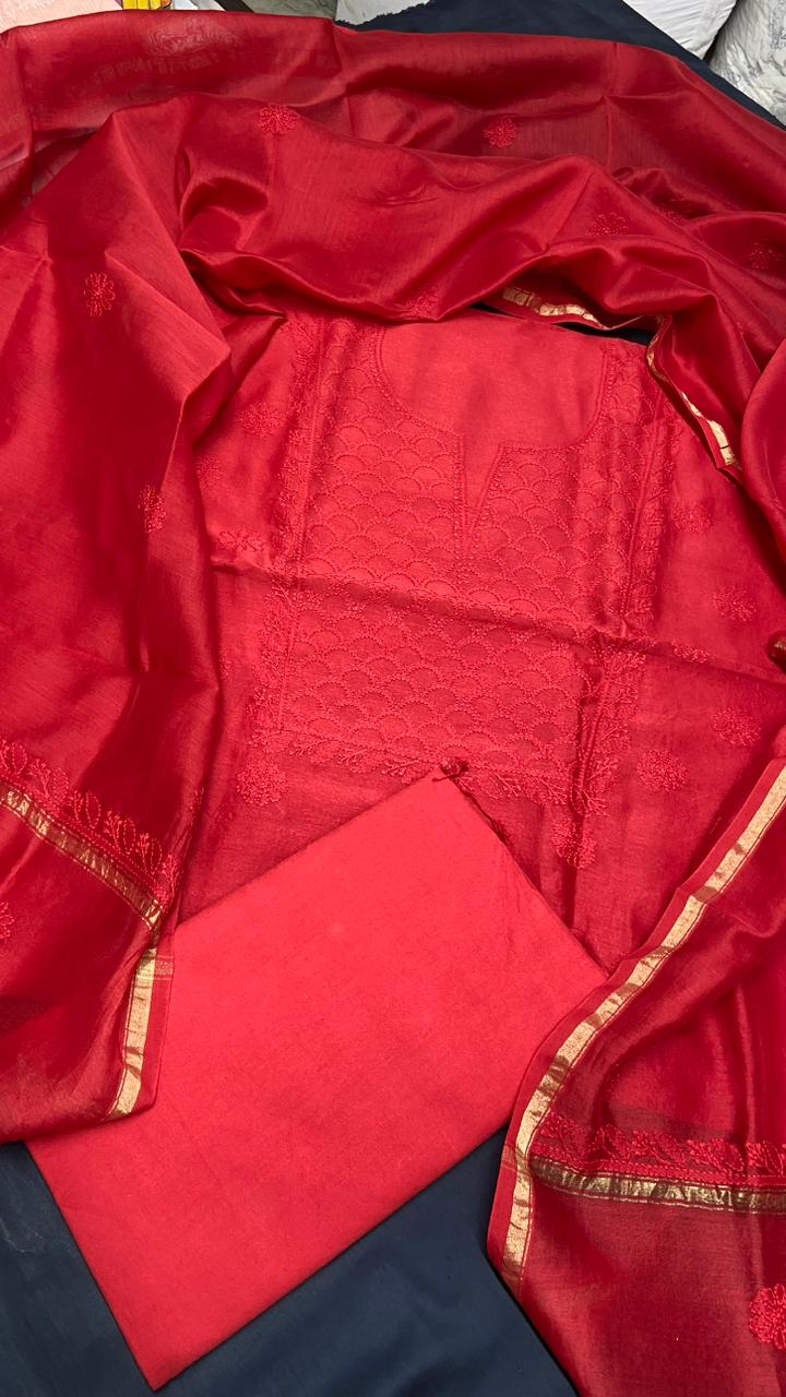 Elegant Chanderi silk Cotton Kurta & Dupatta with Chikankari Embroidery work & cotton bottom - 3 pc set