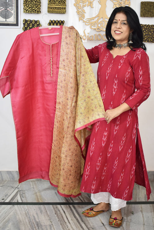 Semi Stitched Block Printed Tussar Silk Dupatta  & Tussar Kurta Fabric