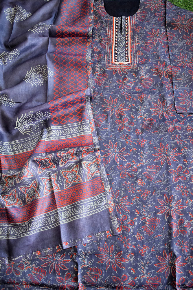 Semi Stitched Block Printed Tussar Silk Dupatta & Tussar Kurta Fabric