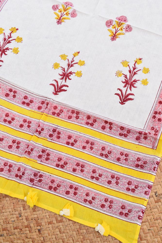 Elegant Hand block printed Cotton stole with cloth tassels