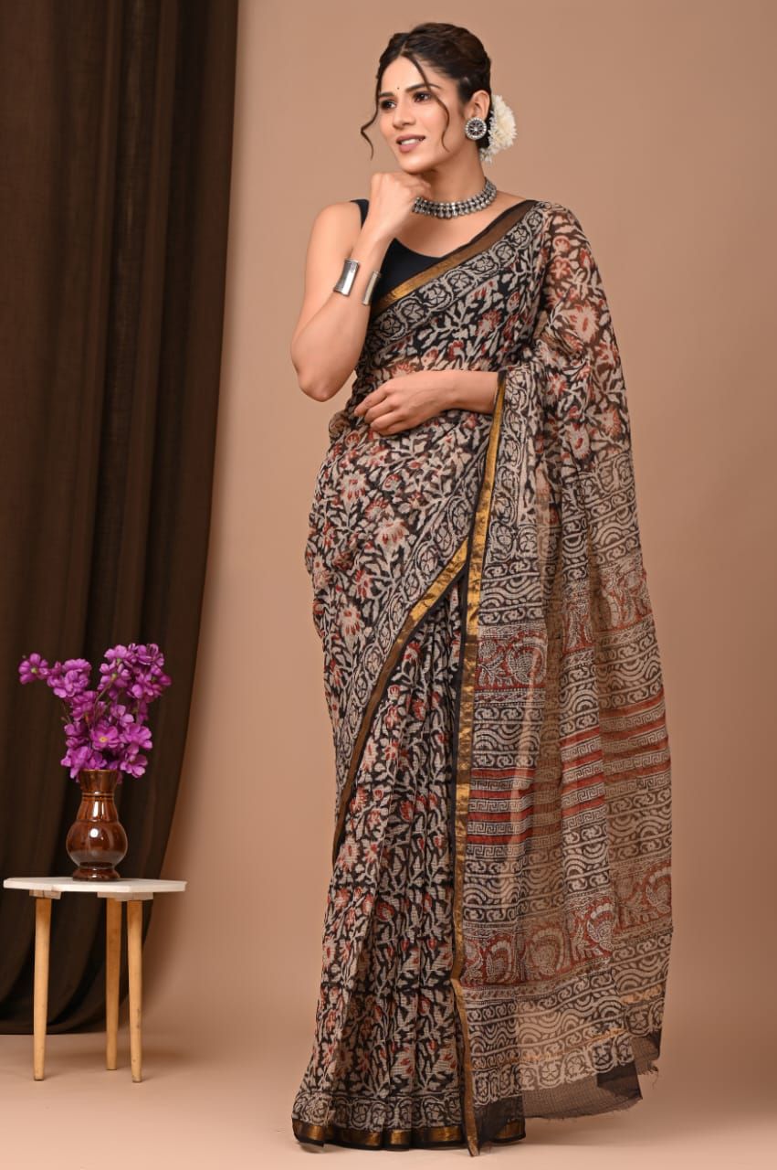 Beautiful Hand Block Printed Kota cotton Saree with zari border