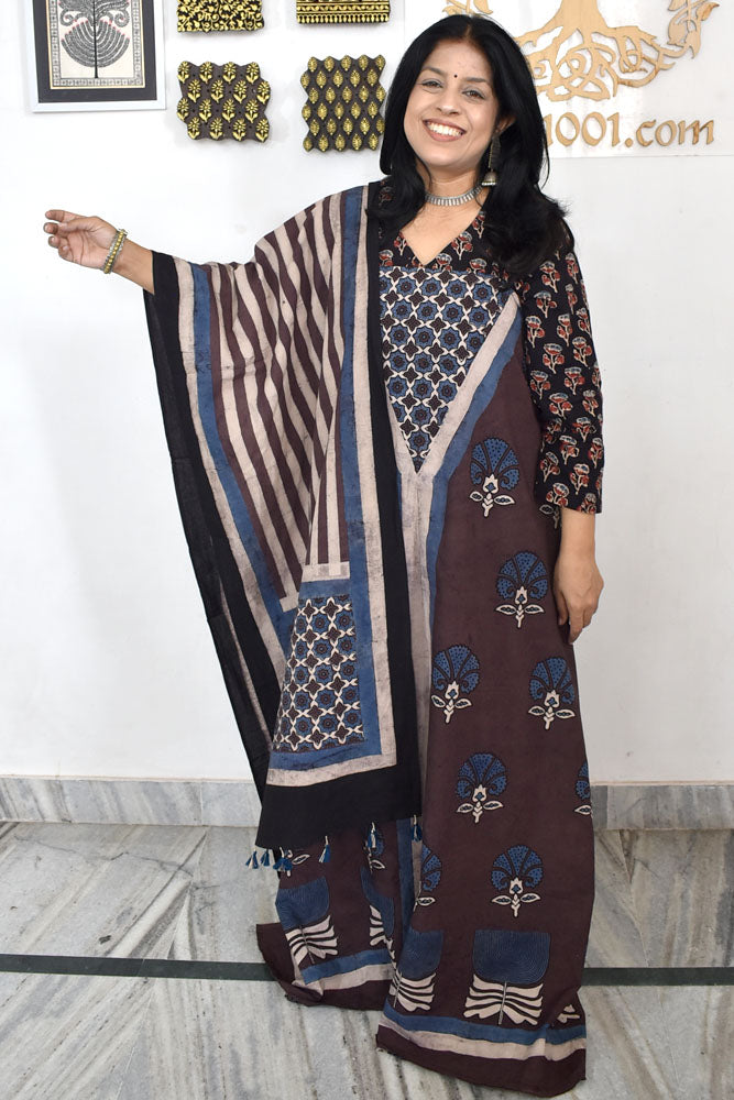 Designer Ajrakh Cotton kurta with Stole & Cotton Bottom - 3 piece set