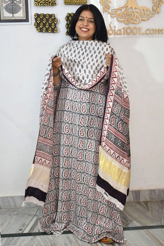 Bagh Hand Block Printed unstitched 3 pc Modal silk suit fabric with Lagdi patta from MP