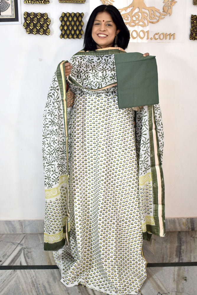 Beautiful Hand Block Printed Cotton unstitched suit fabric with Woven Borders Cotton dupatta
