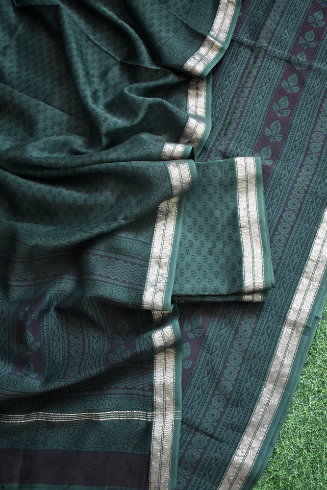 Bagh Hand Block Printed unstitched 3 pcs Maheshwari suit fabric with Placement block print & Zari borders from MP