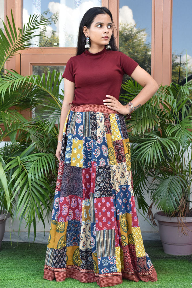 Beautiful Ajrakh Hand Block Printed Patch Work Cotton Long Skirt with Stitched borders