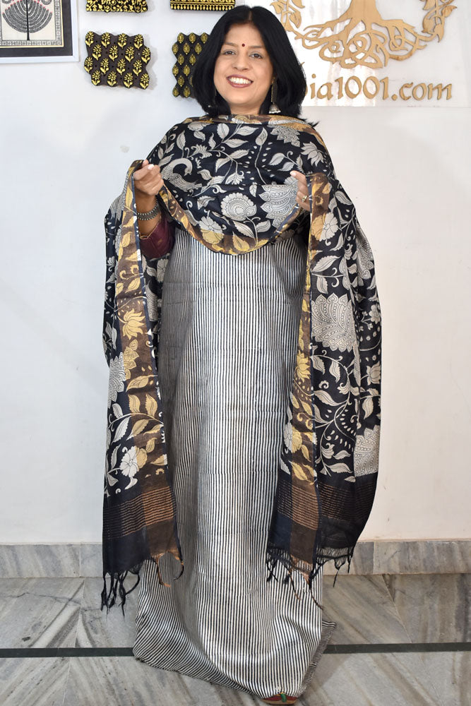 Beautiful Hand Block printed Tussar Silk Kurta Dupatta Set