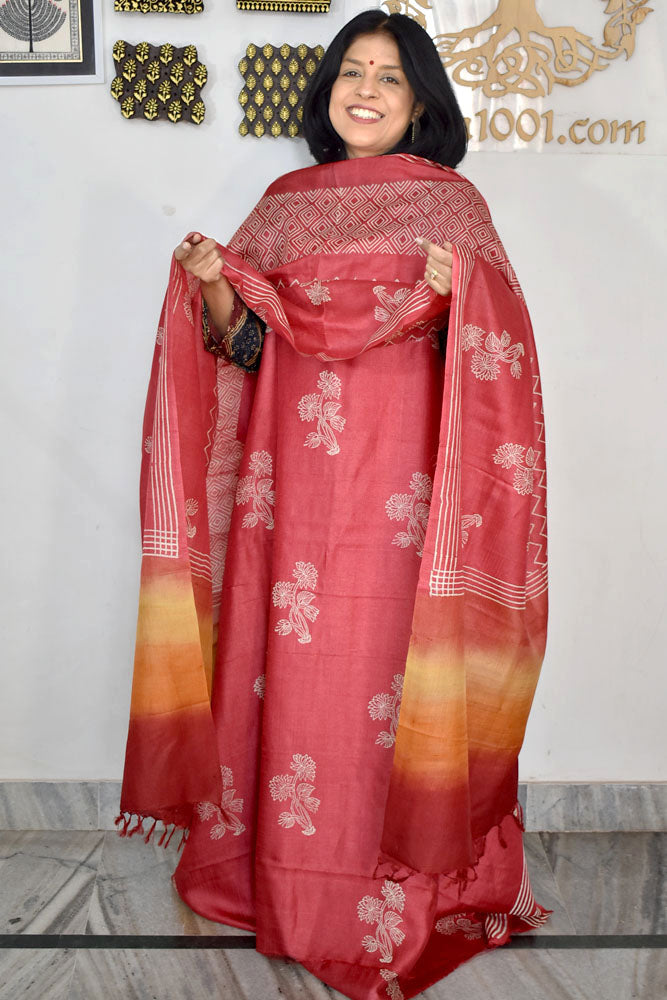 Beautiful Hand Block printed Tussar Silk Kurta Dupatta Set