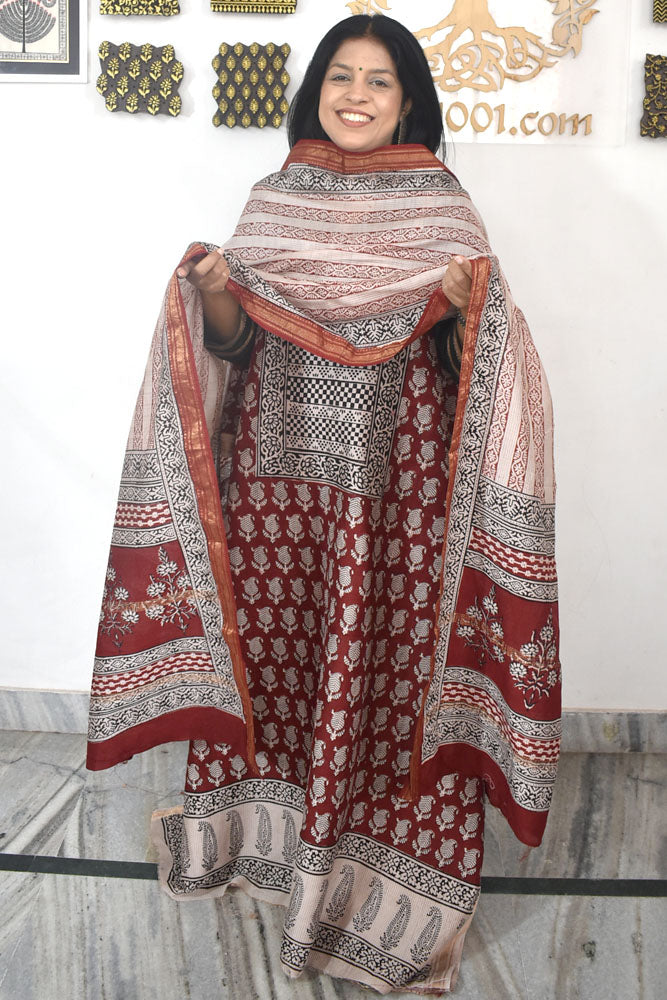 Bagh Hand Block Printed unstitched 3 pcs Handwoven Maheshwari suit fabric with Zari borders