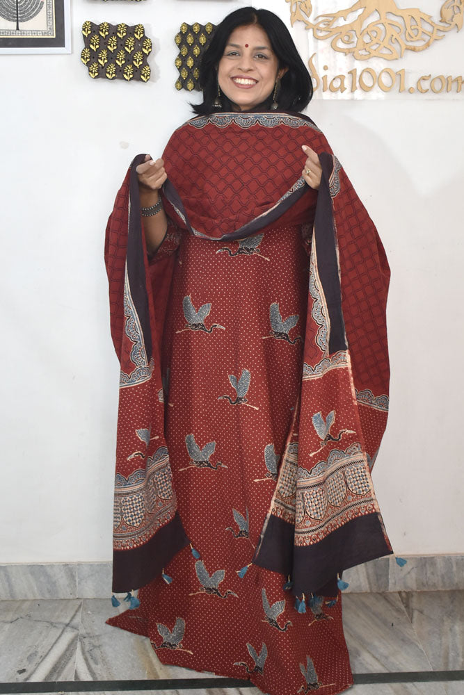 Designer Ajrakh Cotton Unstitched suit with panel design, Ajrakh Dupatta - 2 piece set