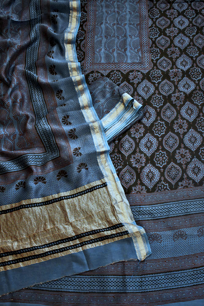 Bagh Hand Block Printed unstitched 3 pcs Handwoven Maheshwari suit fabric with Zari borders & Lagdi ( zari palla )