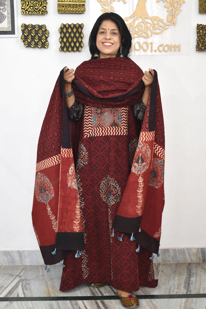 Block Print Ajrakh Cotton Suit with designer Ajrakh neck yoke /panel & Dupatta