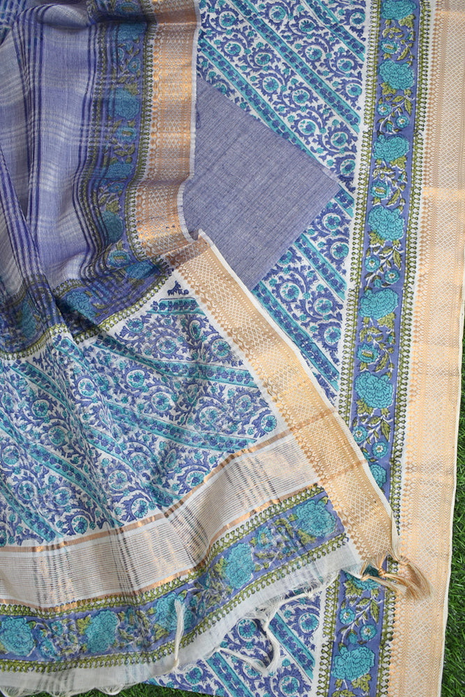 Elegant Handwoven Mangalgiri Cotton suit with Hand block print