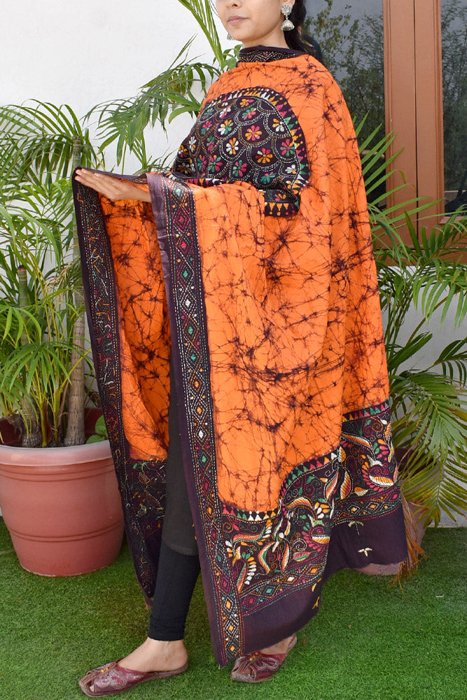 Handcrafted & Handembroidered Cotton Dupatta with Bengal Kantha & Batik work