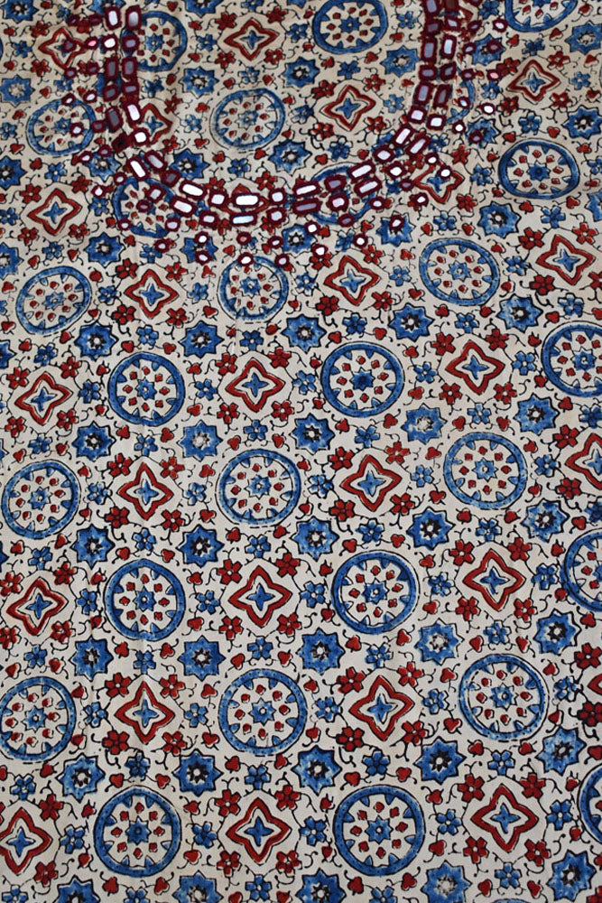 Designer Ajrakh Modal Silk Kurta Fabric with Kutch Mirror Work - 3 mtrs length