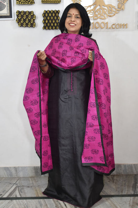 Semi Stitched Block Printed Tussar Silk Dupatta  & Tussar Kurta Fabric