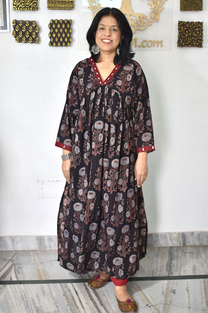 Designer Hand Block Printed Ajrakh cotton Kurta with Alia Cut and Kutch Mirror work - Size 40 to 44 ( all sizes)