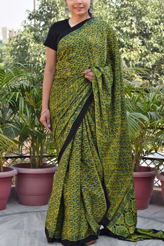 Elegant Hand Block Printed Ajrakh Modal Silk Saree with tassels