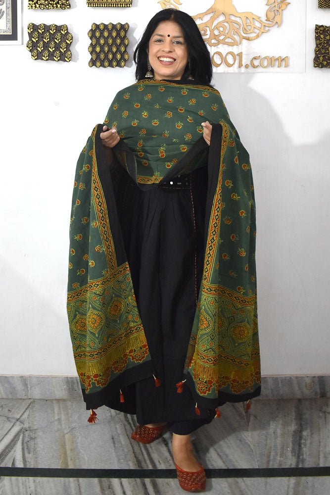 Ajrakh Hand Block Printed Cotton Dupatta with Tassels & natural dyes